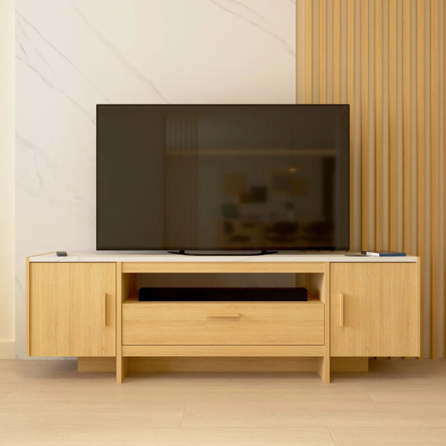 CaliCosy Tv-meubel met 2 openslaande deuren en 1 lade, eiken decor en marmer, l178,8 cm - 3467372 large