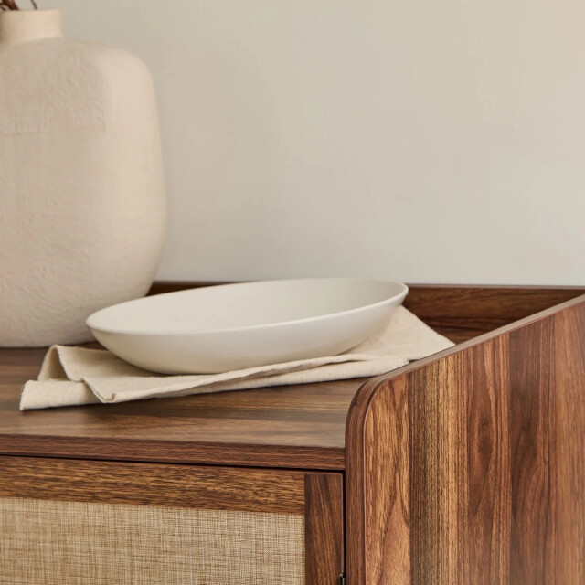 CaliCosy Dressoir met 3 deuren in notenhoutdecor en fronten van stof l140 cm jetson 3205796 large