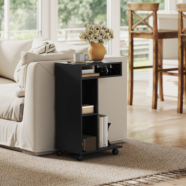 4goodz Verrijdbare bijzettafel voor bank met wielen en 3 planken zwart 3474650 large