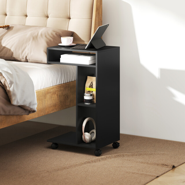 4goodz Verrijdbare bijzettafel voor bank met wielen en 3 planken zwart 3474650 large