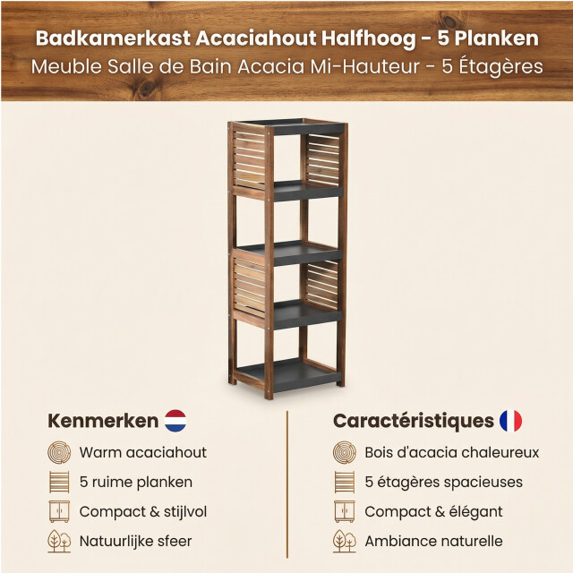 4goodz Badkamerkast acaciahout halfhoog 5 planken 30x36.5x108 cm 3048739 large