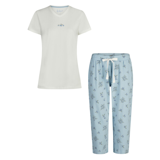 By Louise Dames capri pyjama driekwart broek v-hals wit/blauw gebloemd BL-6234-02 large
