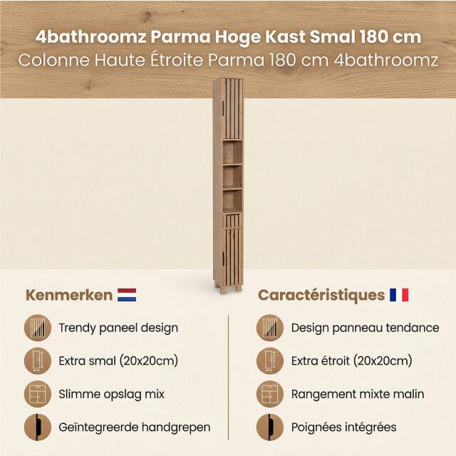 4bathroomz Parma hoge kast smal 180cm in paneel design /zwart 3503765 large