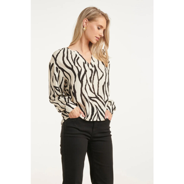 Smashed Lemon Dames top met abstracte zebra print in off-white en zwart | 8718679005289 large
