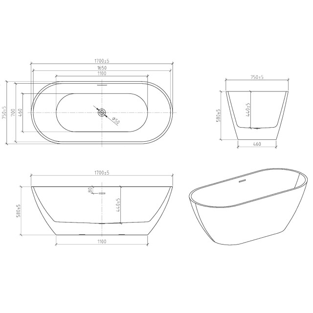 Badplaats Ligbad bahia 170 x 75 x 58 cm vrijstaand bad mat 3511274 large
