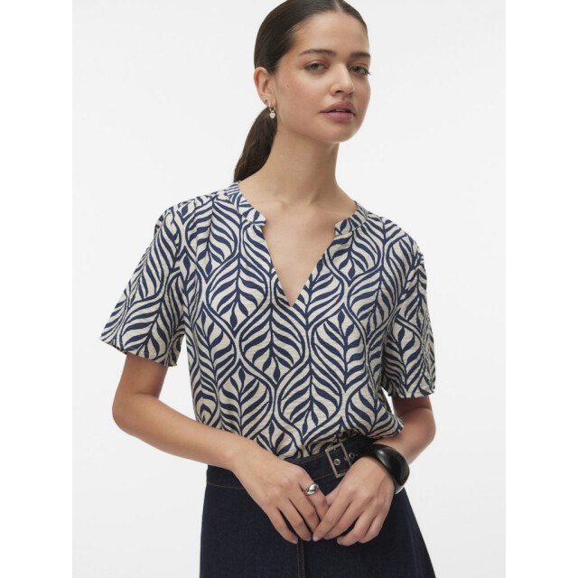 Vero Moda vmjosie ss v-neck gathering top wvn 10341590 birch aop navy 06613.198.0033 large