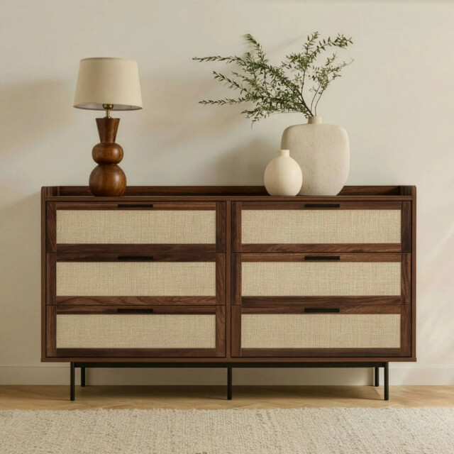 CaliCosy Commode met notenhouten decor, 6 lades, fronten van echt leer, l120 cm jetson 3514010 large