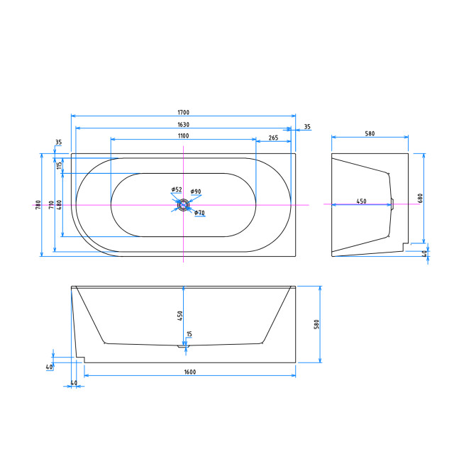 Badplaats Ligbad havana 170 x 80 x 58 cm half vrijstaand bad hoogglans 3202078 large