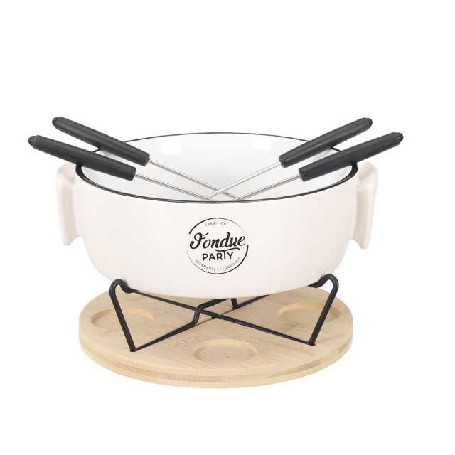 Casa di Elturo Fondue set voor 4 personen – porseleinen fonduepan met bamboe onderplaat – 3560013 large