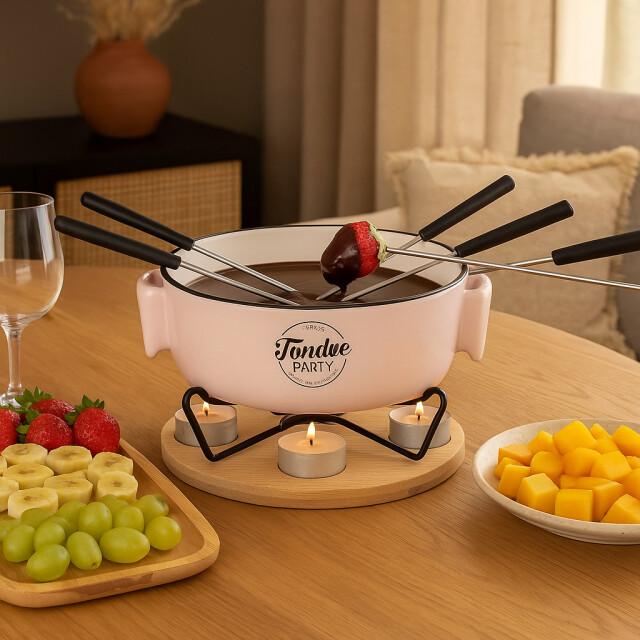 Casa di Elturo Fondue set voor 4 personen – porseleinen fonduepan met bamboe onderplaat – 3560013 large