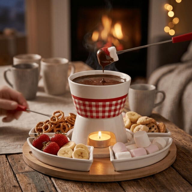 Casa di Elturo Fondue set voor 4 personen bamboe en porselein inclusief schalen en vorkjes 3559971 large