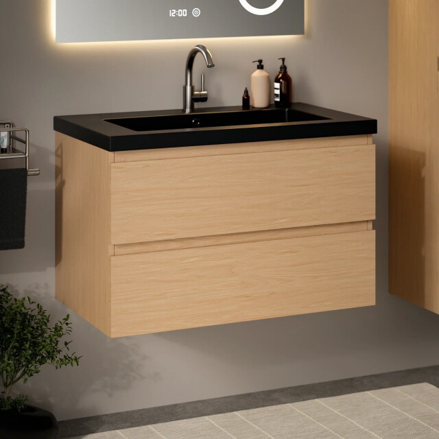 Mirlux Badkamermeubel set monaco 80cm licht eiken wastafel zwart 3581486 large