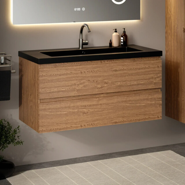 Mirlux Badkamermeubel set verona 100cm warm eiken wastafel zwart pre-order 3586240 large