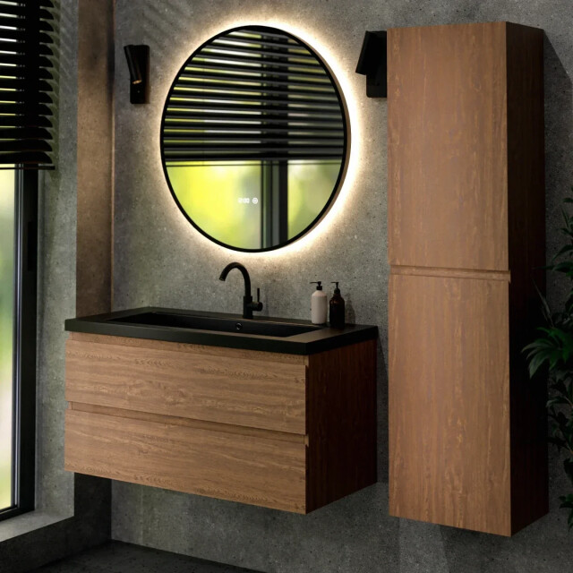 Mirlux Badkamermeubel set verona 100cm warm eiken wastafel zwart pre-order 3586240 large