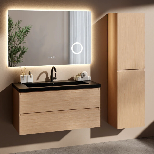 Mirlux Badkamermeubel set monaco 100cm licht eiken wastafel zwart pre-order 3586241 large