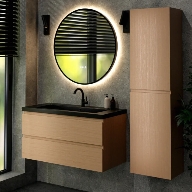 Mirlux Badkamermeubel set monaco 100cm licht eiken wastafel zwart pre-order 3586241 large
