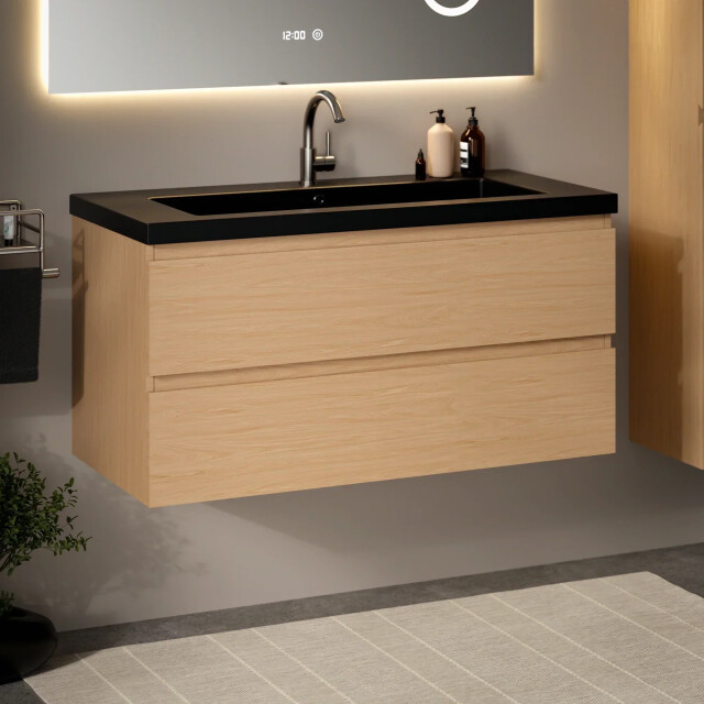 Mirlux Badkamermeubel set monaco 100cm licht eiken wastafel zwart pre-order 3586241 large