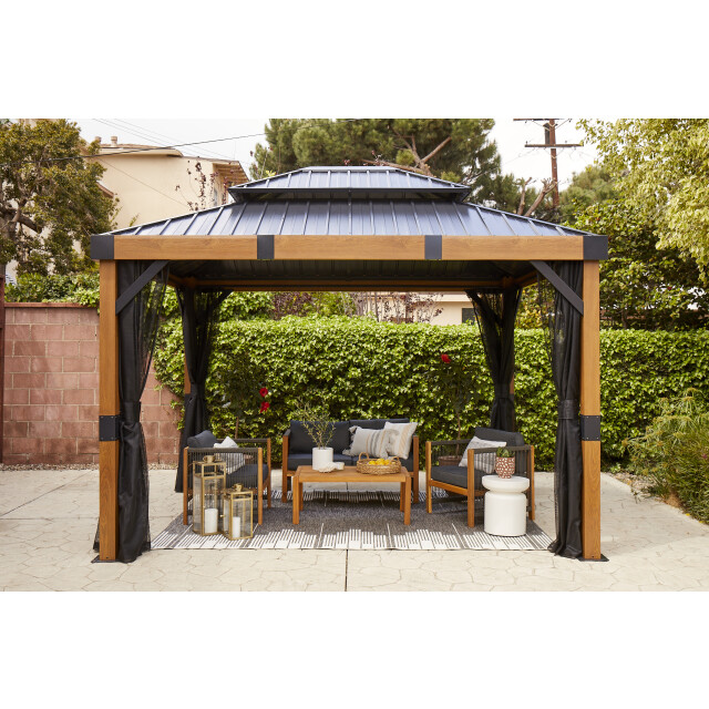 Sojag Fontana aluminium paviljoen met hard dak en muggennet houtlook/ 3585432 large