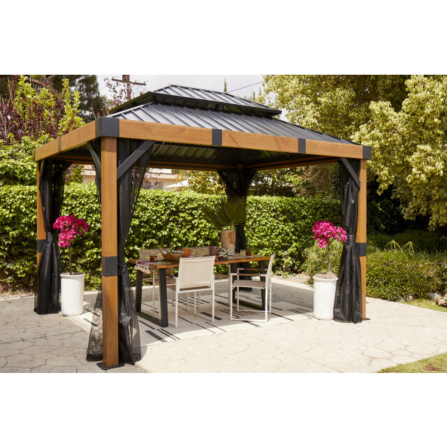 Sojag Fontana aluminium paviljoen met hard dak en muggennet houtlook/ 3585432 large