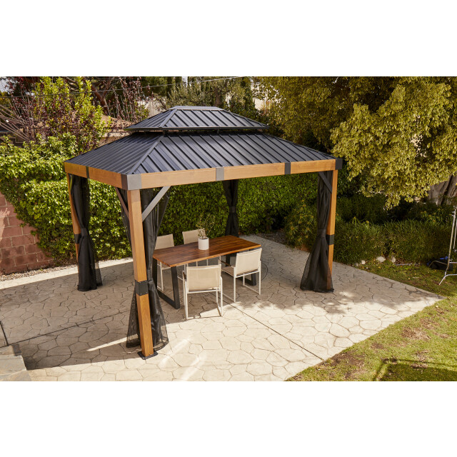 Sojag Fontana aluminium paviljoen met hard dak en muggennet houtlook/ 3585432 large