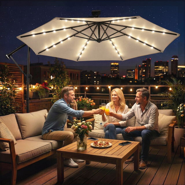 4goodz Zweefparasol met led zonne-energie verlichting ca. 300 cm met voet en 3594621 large
