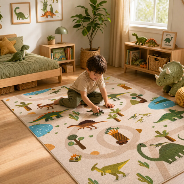 Muratap Kinderkleed dino vloerkleed kinderkamer anti-slip groen 95x145 cm 3607189 large