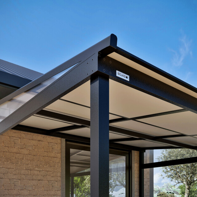 Sojag Budavar aluminium terrasoverkapping met lamellendak met gordijnen en 3587901 large
