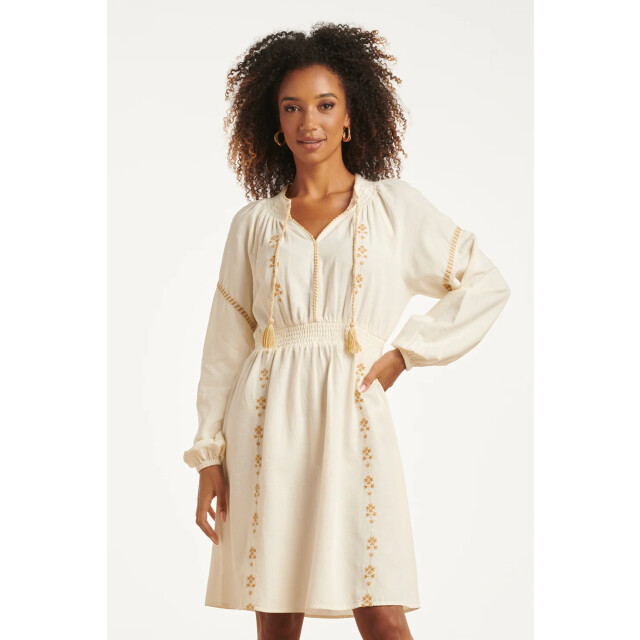 Smashed Lemon Off white jurk met gouden borduursels en taille elastiek | 8718679038669 large