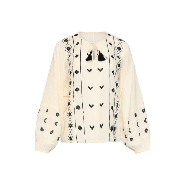 Smashed Lemon Off white blouse met zwarte borduursels en strikkoord | 8718679038416 large