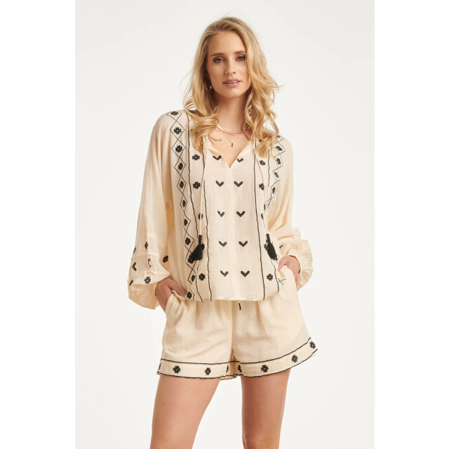 Smashed Lemon Off white blouse met zwarte borduursels en strikkoord | 8718679038416 large