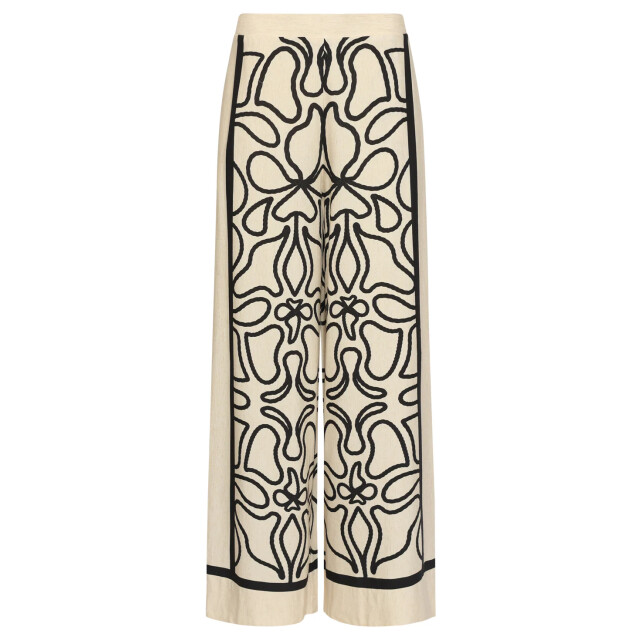 Smashed Lemon Crème wide leg broek met zwart grafisch patroon | 8718679035286 large
