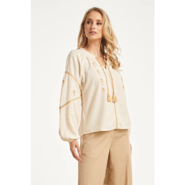 Smashed Lemon Off white blouse met gouden borduursels en koorddetail | 8718679038577 large