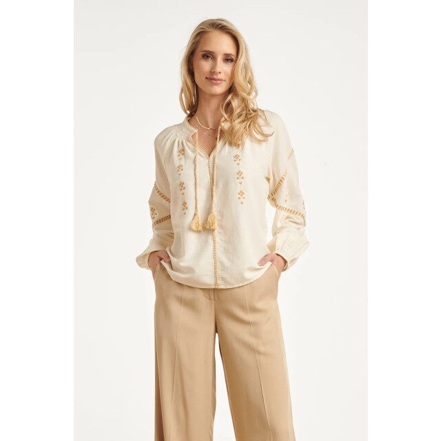 Smashed Lemon Off white blouse met gouden borduursels en koorddetail | 8718679038577 large