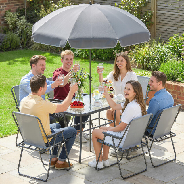 4goodz Tuintafelset 6 persoons glazen tafel met 6 klapstoelen en parasol - 3619636 large