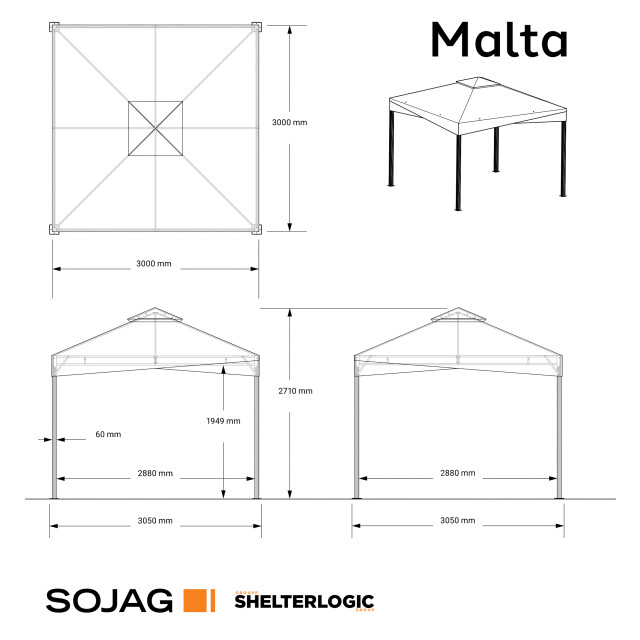 Sojag Malta 1010 aluminium paviljoen 3x3 mtr met afneembaar stoffen dak 3619565 large