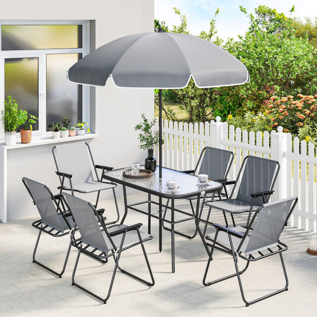 4goodz Tuintafelset 6 persoons glazen tafel met 6 klapstoelen en parasol - 3619636 large