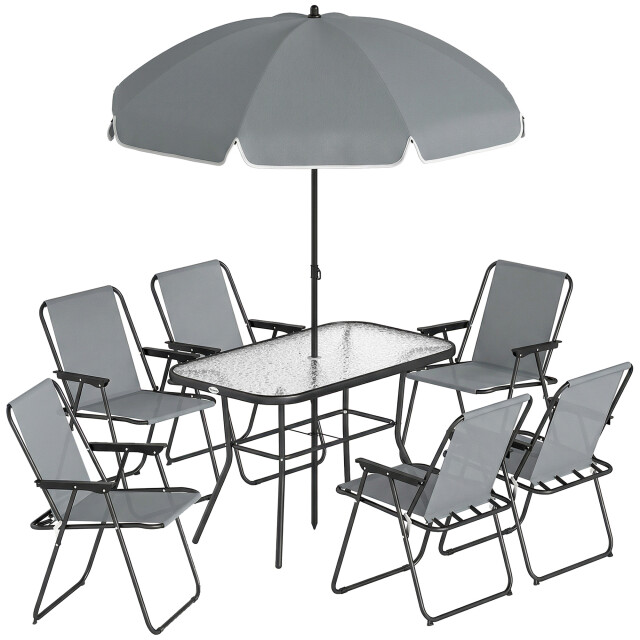 4goodz Tuintafelset 6 persoons glazen tafel met 6 klapstoelen en parasol - 3619636 large