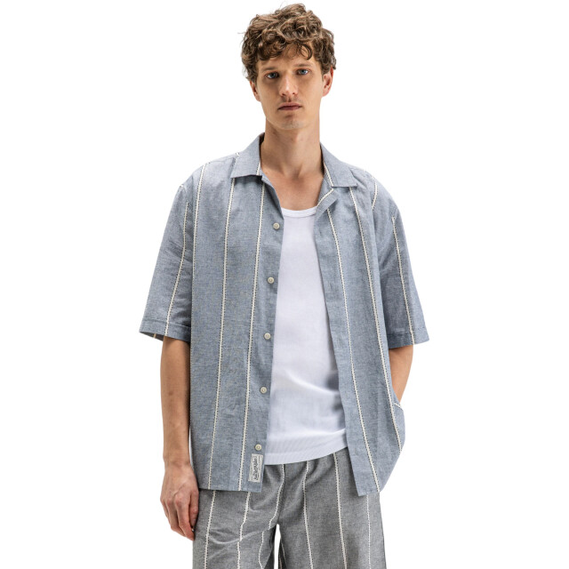 Butcher of Blue Quinn linen stripe shirt alaska blue M2614060-890 large