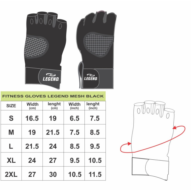 Legend Sports Fitness handschoenen heren/dames zwart-wit mesh FITGLOVMESHWITS large