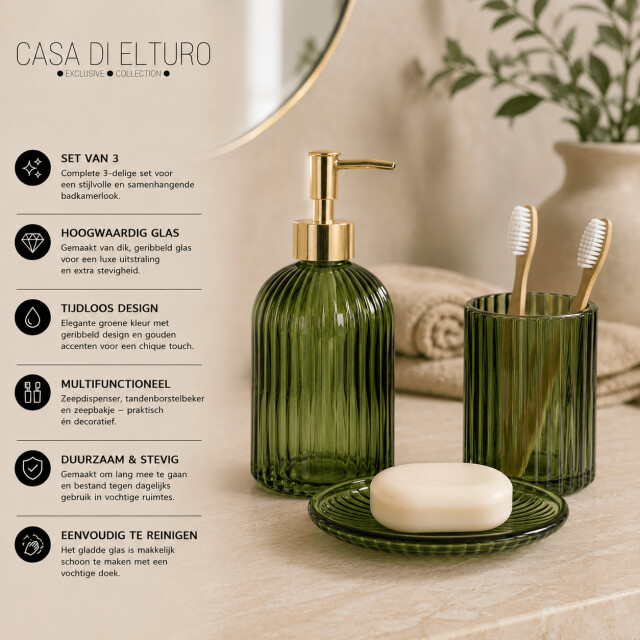 Casa di Elturo Badkamerset verde – 3-delig – donker glas – zeepdispenser 480 ml 3684534 large