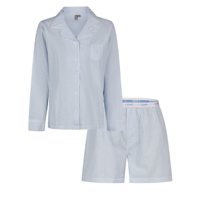 By Louise Dames pyjama set shortama blouse lange mouw lichtblauw gestreept seersucker BL-664-00-B large