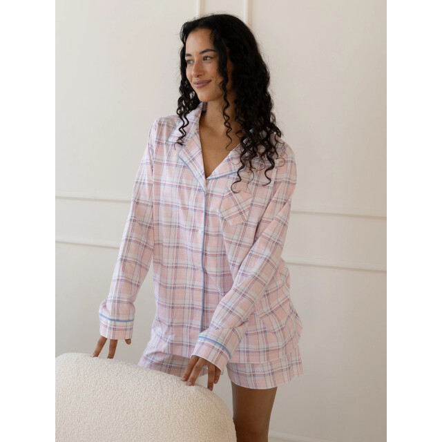 By Louise Dames pyjama set shortama blouse lange mouw roze geruit BL-664-00-A large