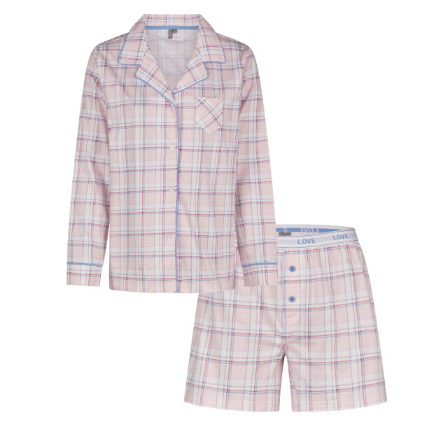 By Louise Dames pyjama set shortama blouse lange mouw roze geruit BL-664-00-A large
