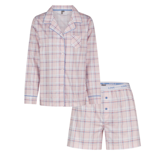 By Louise Dames pyjama set shortama blouse lange mouw roze geruit BL-664-00-A large