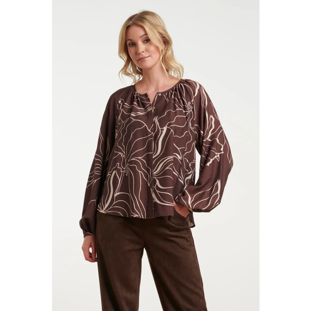 Smashed Lemon Doorgeknoopte blouse met grafische bloemenprint in bruin en crème | 8718679061667 large