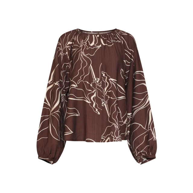 Smashed Lemon Doorgeknoopte blouse met grafische bloemenprint in bruin en crème | 8718679061667 large