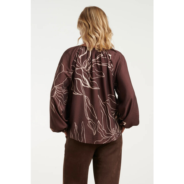 Smashed Lemon Doorgeknoopte blouse met grafische bloemenprint in bruin en crème | 8718679061667 large