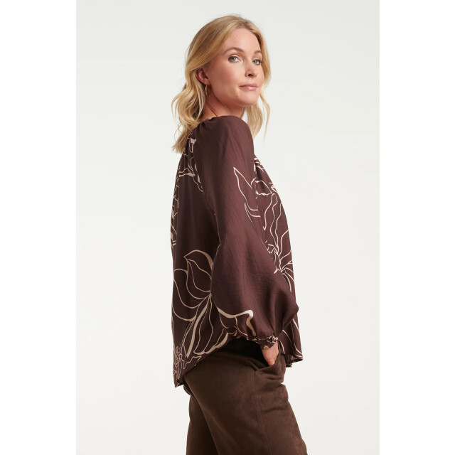 Smashed Lemon Doorgeknoopte blouse met grafische bloemenprint in bruin en crème | 8718679061667 large