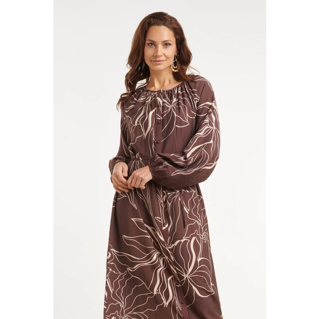 Smashed Lemon Doorgeknoopte midi jurk met grafische bloemenprint in bruin en crème | 8718679061742 large
