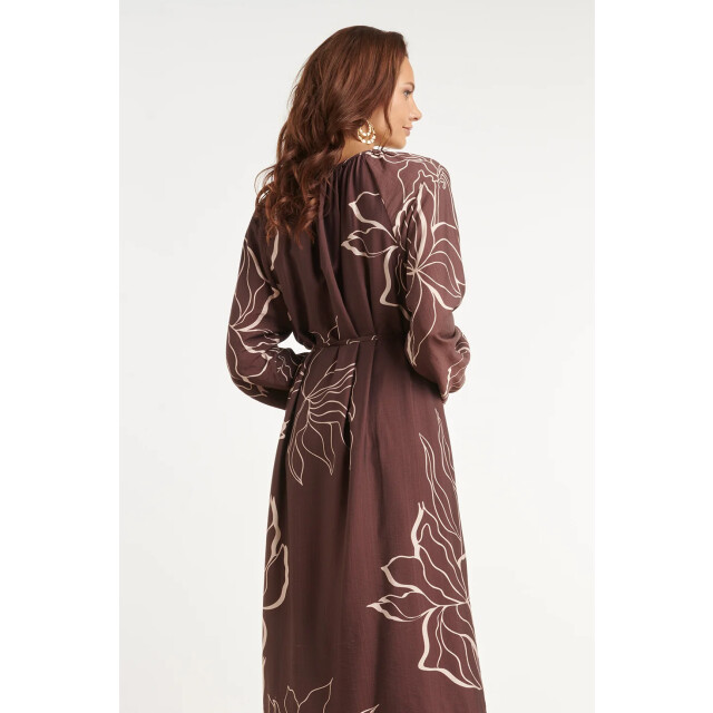 Smashed Lemon Doorgeknoopte midi jurk met grafische bloemenprint in bruin en crème | 8718679061742 large